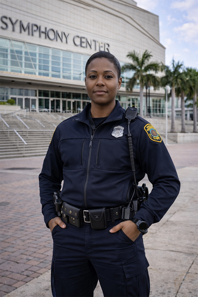 A professional security officer in a clean white uniform and cap, holding a walkie-talkie and looking alert while on duty. The uniform features a 'Security' gold embroidery and an official Guardion Protection badge.