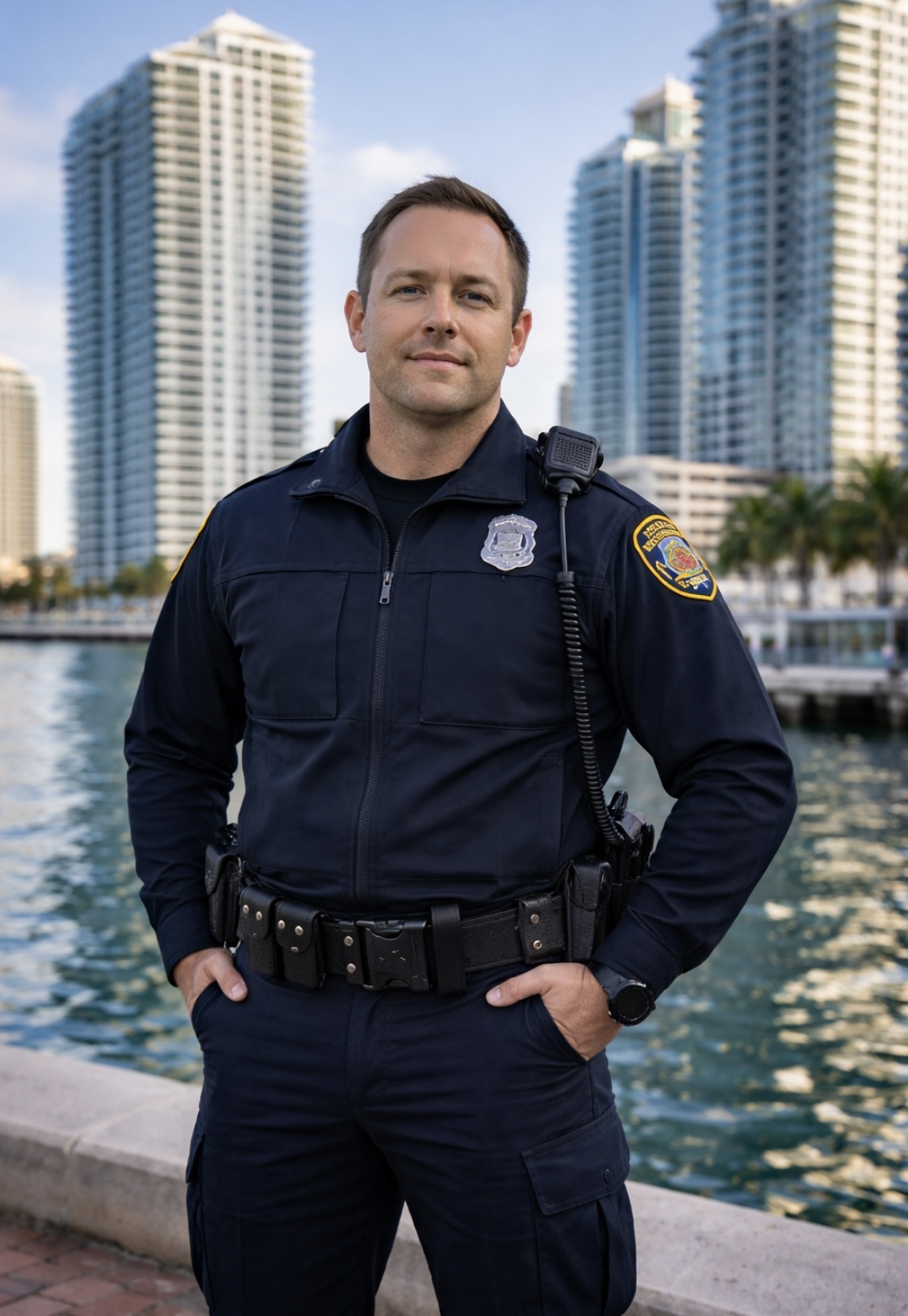 E34C7BE0-56E4-47BD-B694-CDA12AD40F78 A professional security officer in a clean white uniform and cap, holding a walkie-talkie and looking alert while on duty. The uniform features a 'Security' gold embroidery and an official Guardion Protection badge.