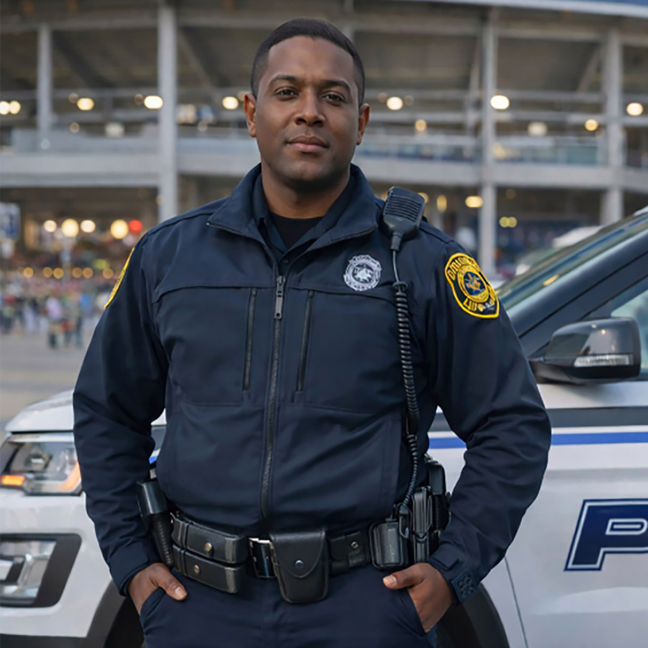 A professional security officer in a clean white uniform and cap, holding a walkie-talkie and looking alert while on duty. The uniform features a 'Security' gold embroidery and an official Guardion Protection badge.