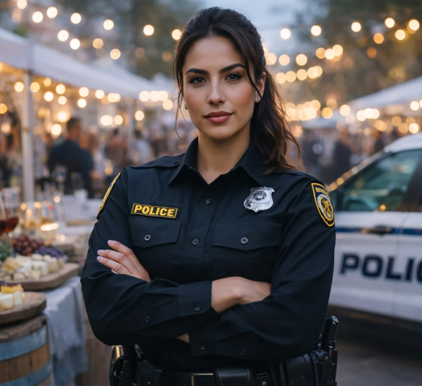 A professional security officer in a clean white uniform and cap, holding a walkie-talkie and looking alert while on duty. The uniform features a 'Security' gold embroidery and an official Guardion Protection badge.